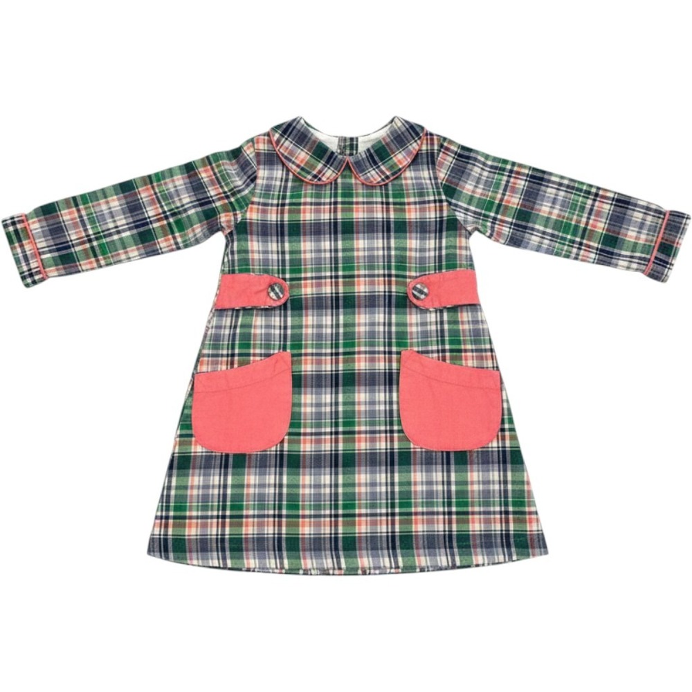 The Oaks Apparel Plaid Dress Kids 3 Green Pink Peter Pan Collar Long Sleeve